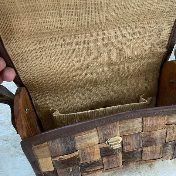 Woven Wood & Leather Brown Vintage Purse with Burlap Linen Lining EUC - Picture 9 of 10